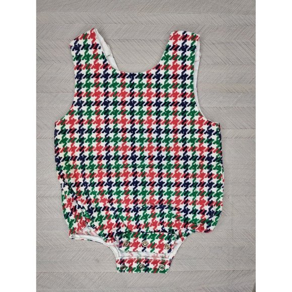 Vintage Bubble Romper Houndstooth Plaid Apple Applique Red Green Blue Boy Girl - Picture 4 of 7